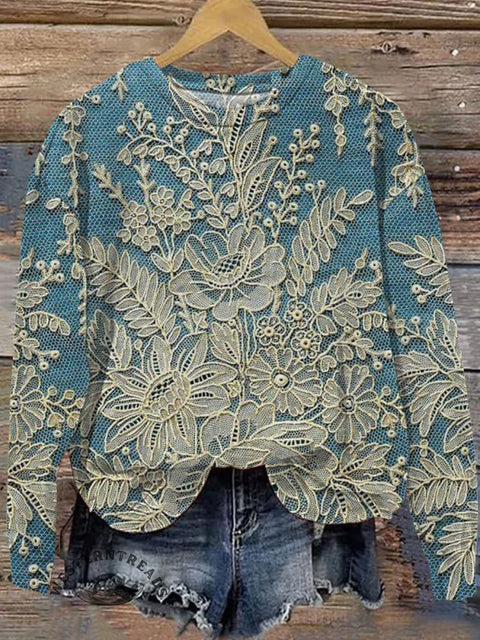 Retro Cute Lace Flowers Art Print Casual Sweatshirt