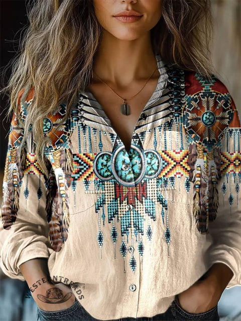 Women's Native American Print Casual Long Sleeve Comfortable Cotton Shirt