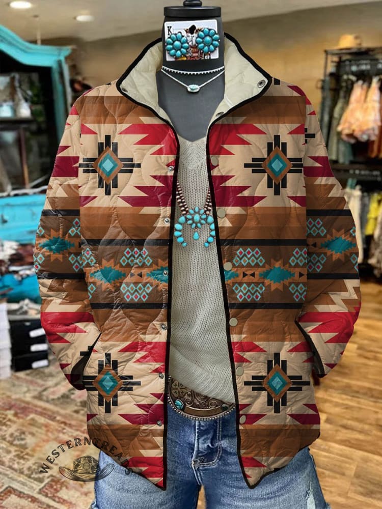 Women's Retro Aztec Art Print Casual Quilted Jacket