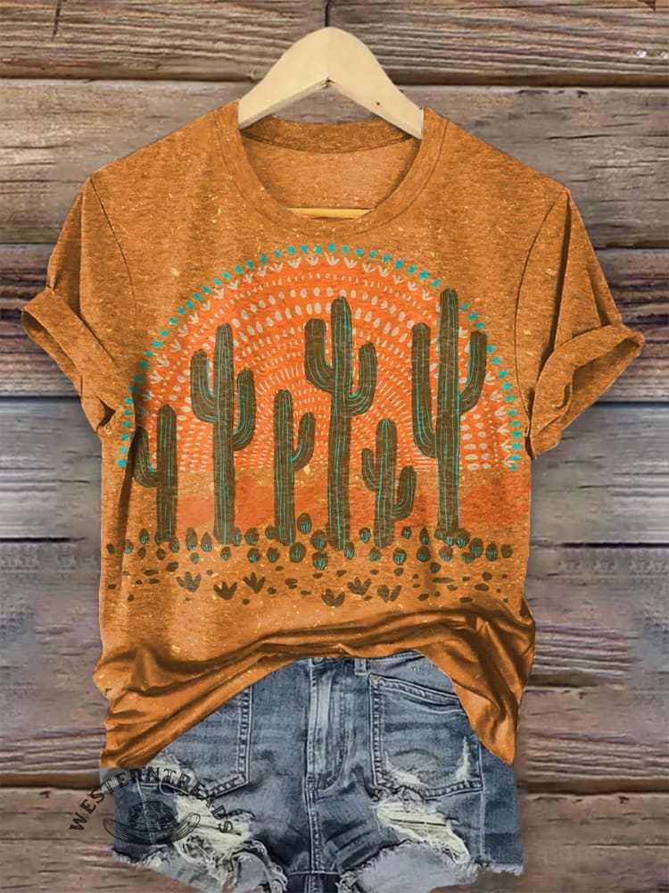 Wild West Fallen Cactus Retro Print T-Shirt