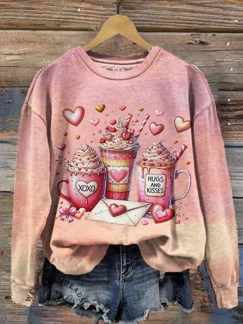 Valentine's Day Coffee Cup Printed Casual Sweatshirt