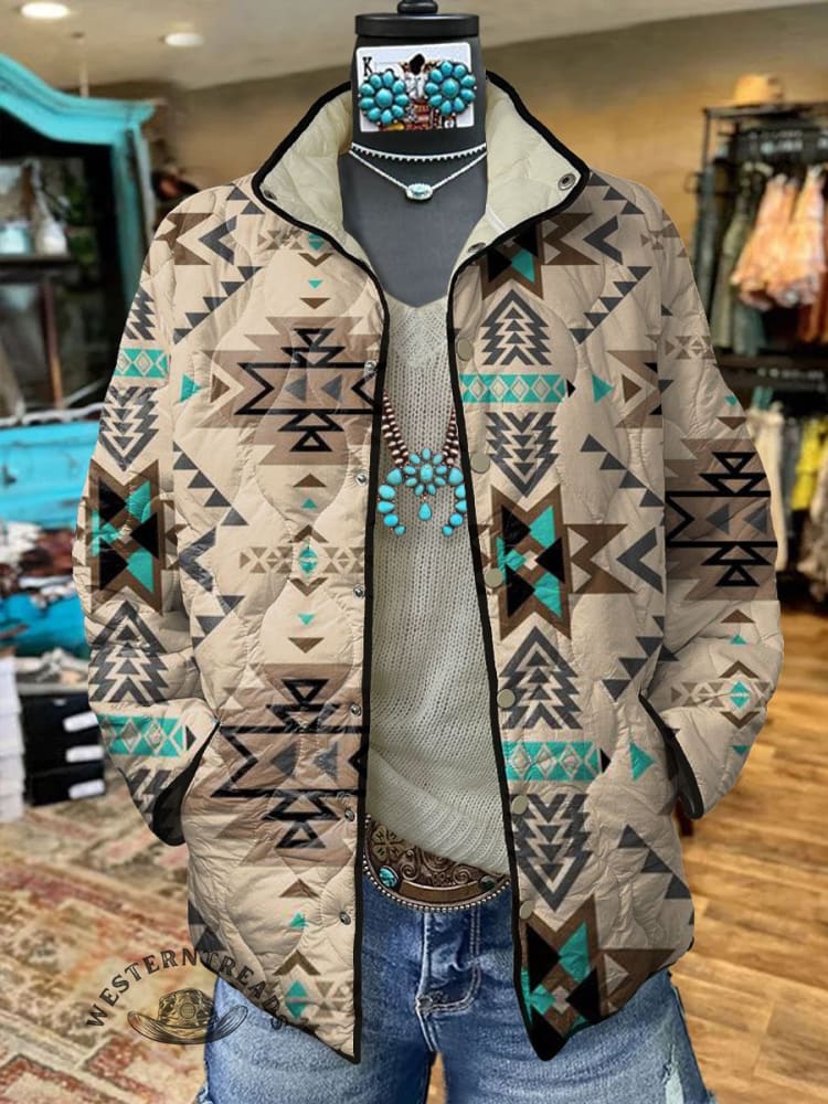 Women's Camel Retro Aztec Art Print Casual Quilted Cardigan
