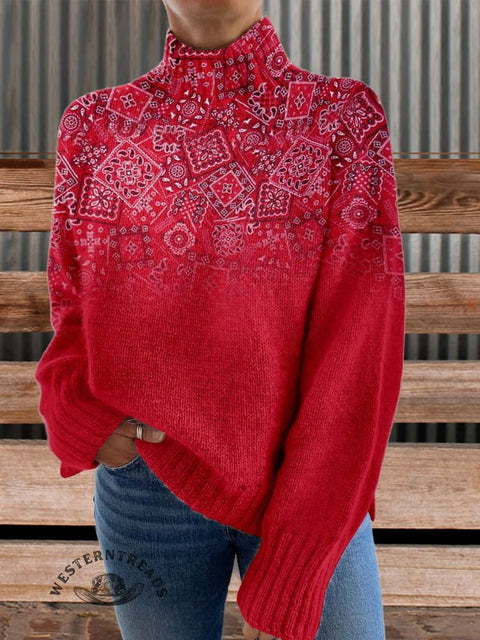 Paisley Print Knit Turtleneck Pullover Sweater