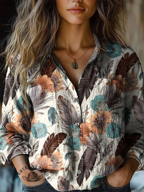 Women's Boho Feather Art Print Casual Long Sleeve Comfortable Cotton Shirt