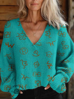 Women's Western Cattle Brands Print Casual V-neck Pullover Knit