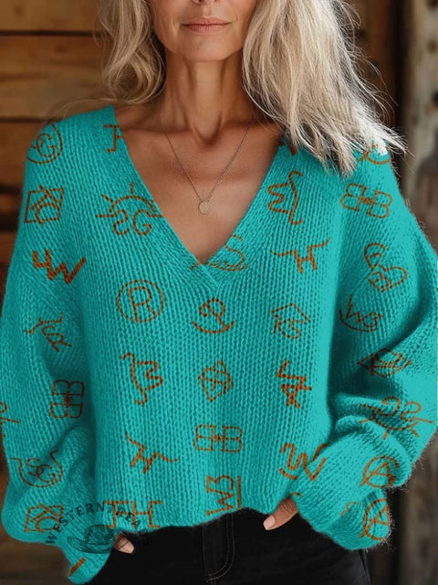 Women's Western Cattle Brands Print Casual V-neck Pullover Knit