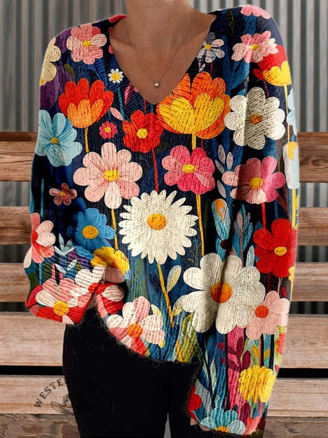 Women's Flower Casual V-neck Pullover Knit