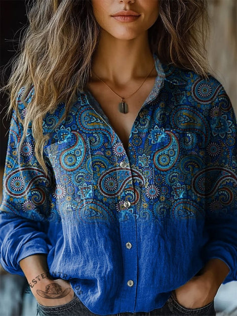 Elegant Paisley Pattern Printed Women's Casual Long Sleeve Comfortable Cotton Shirt