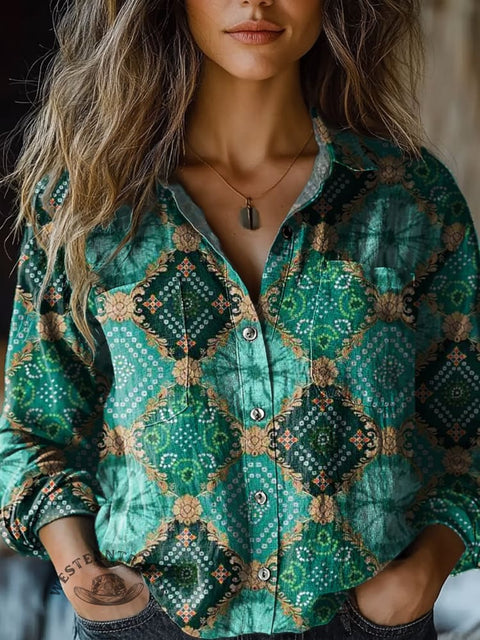 Women's Retro green rhombus flowers Print Casual Long Sleeve Comfortable Cotton Shirt