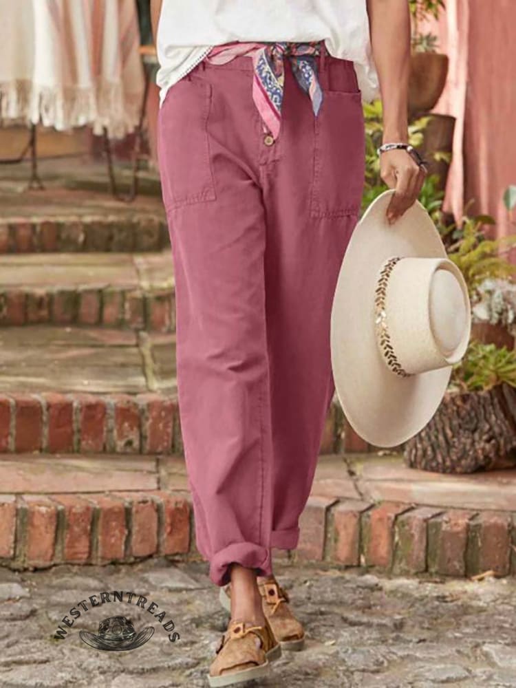 Solid Color Breasted Cotton Hemp Loose Casual Pants