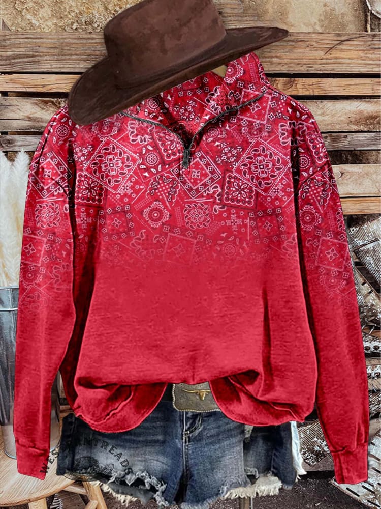 Paisley Casual Long Sleeve Zip Sweatshirt