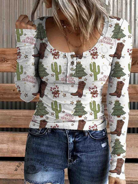 Women's Christmas Tree and Boots Print Comfortable Cotton Henley Shirt