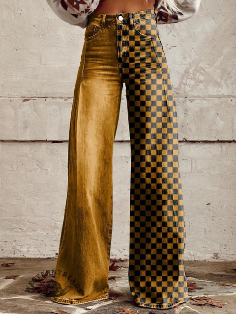 Women's Yellow and Black Tartan Print Casual Wide Leg Pants