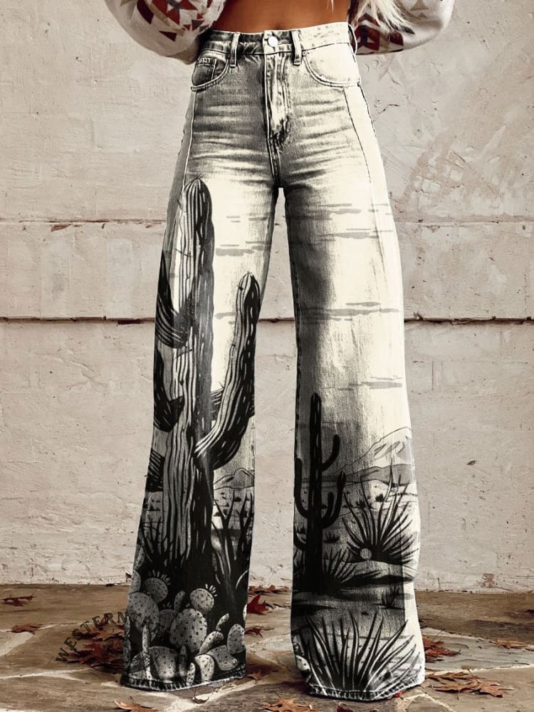 Women's Vintage Print Casual Wide Leg Pants
