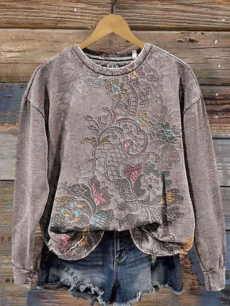 ?Hot Sale?Vintage Floral Art Print Casual Sweatshirt