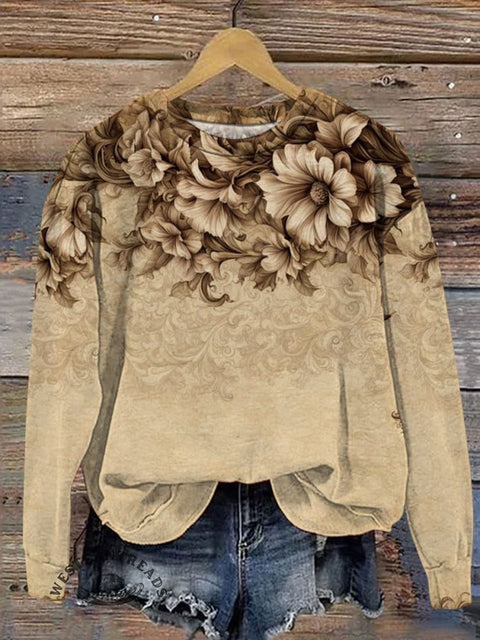 Retro Apricot Flowers Print Casual Sweatshirt