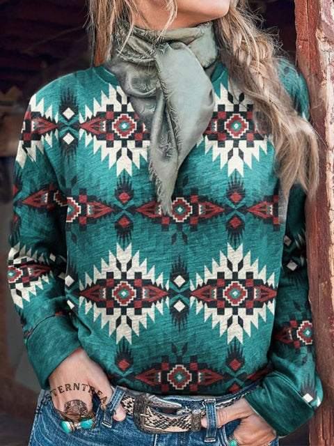 Turquoise with Red and White Native American Print Casual Sweatshirt