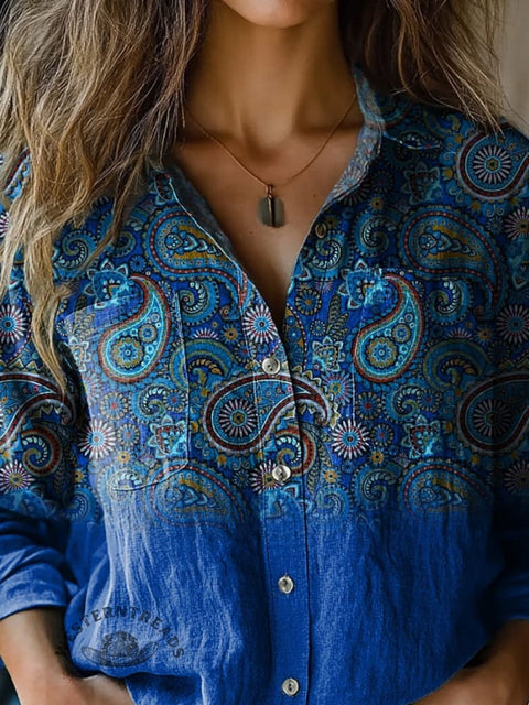 Elegant Paisley Pattern Printed Women's Casual Long Sleeve Comfortable Cotton Shirt