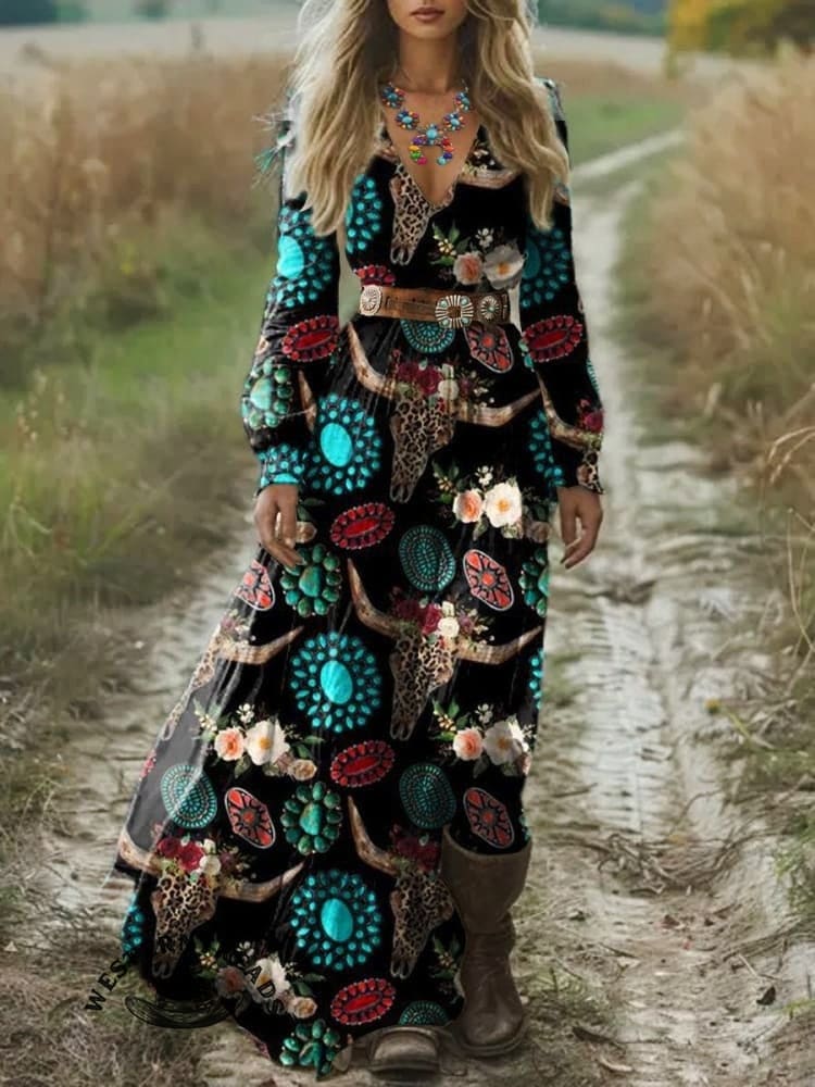 Women's Turquoise Vintage Cow Hand Print Pocket Cotton Dress