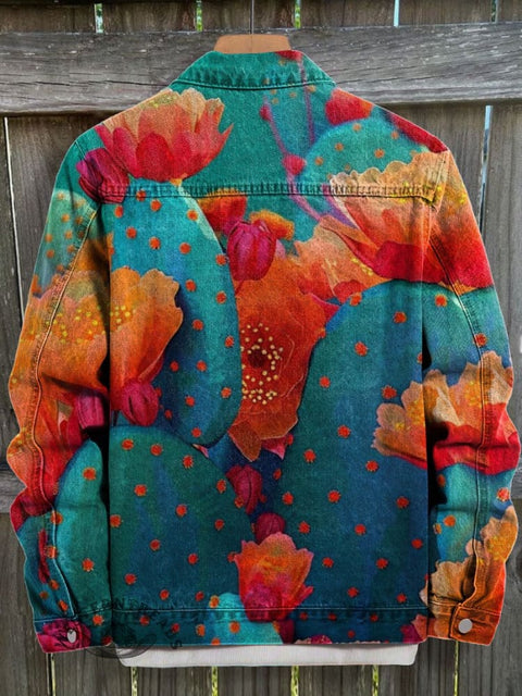 Cactus Blossom Art Print Casual Denim Jacket