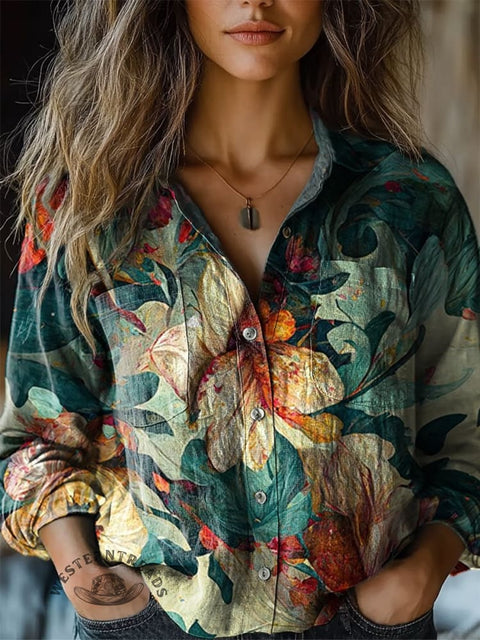Retro Floral Print Casual Long Sleeve Comfortable Cotton Shirt