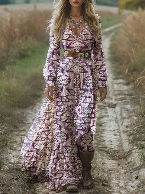 Women's Retro Purple Aztec Art Print Pocket Cotton Dress
