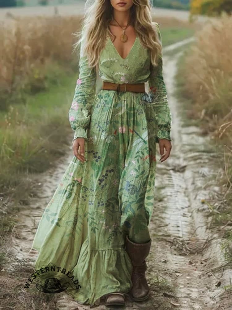 Women's Vintage V-Neck Positioning Print Pocket Cotton Dress