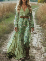 Women's Vintage V-Neck Positioning Print Pocket Cotton Dress