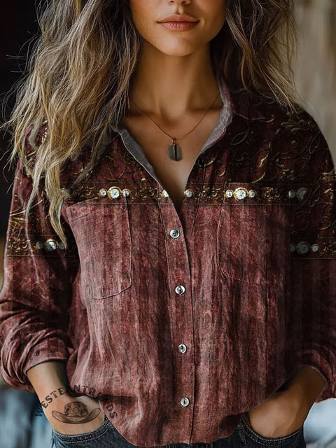 Women's Retro Crimson Pattern Print Casual Long Sleeve Comfortable Cotton Shirt
