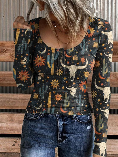 Women's Black Denim Floral Print Cotton Henley Shirt