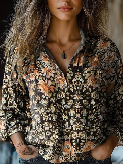Art Flowers Print Casual Long Sleeve Comfortable Cotton Shirt