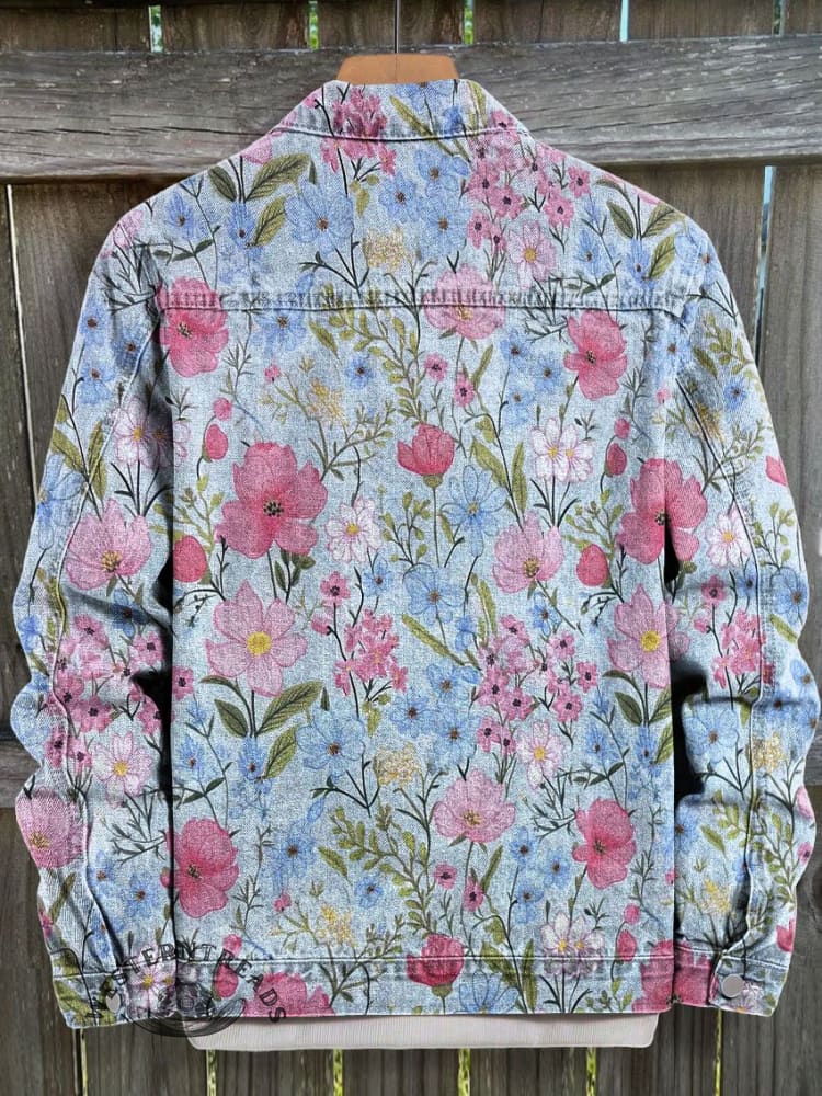 Vintage Flower Art Print Casual Denim Jacket