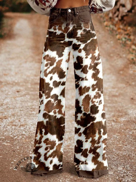 Women's Cow Texture Animal Pattern Print Casual Wide Leg Pants