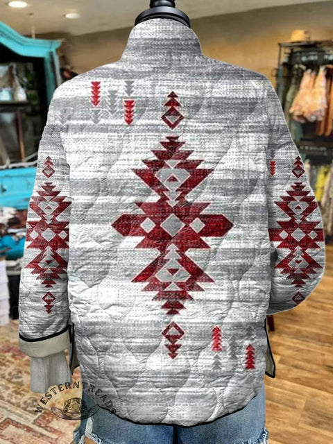 Women's Retro Red Aztec Art Print Casual Quilted Cardigan