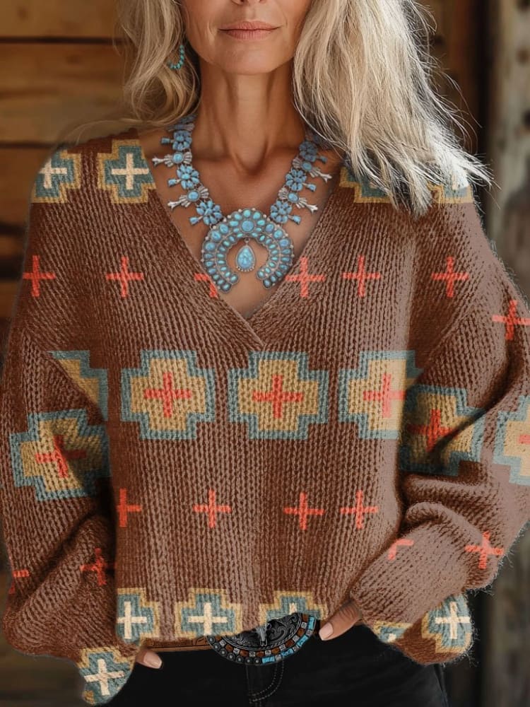 Women'sVintage Art Print Casual V-neck Pullover Knit