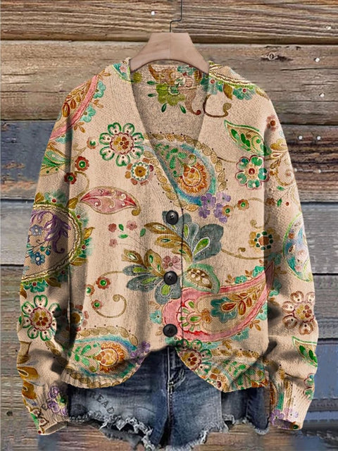 Vintage Cashew Flower Art Print Buttoned V-neck Cardigan Sweater