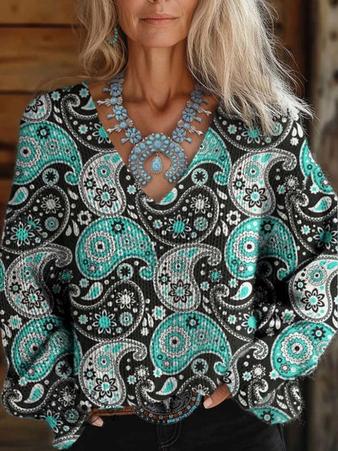 Women's Paisley Casual V-neck Pullover Knit