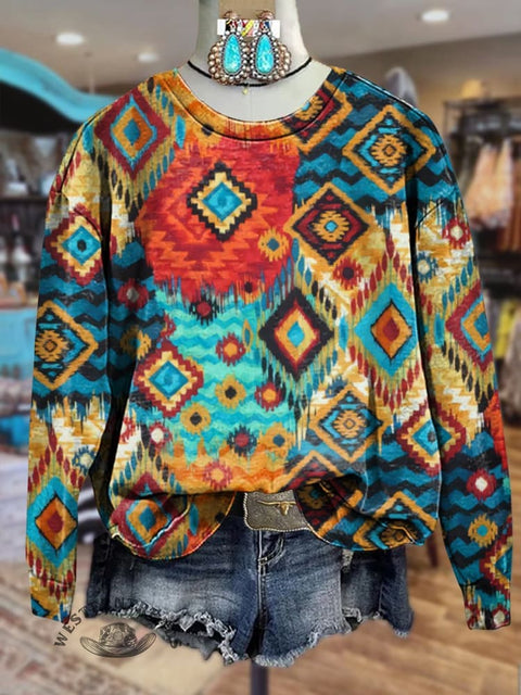 Wild West Ethnic Argyle Print Crew Neck Sweatshirt