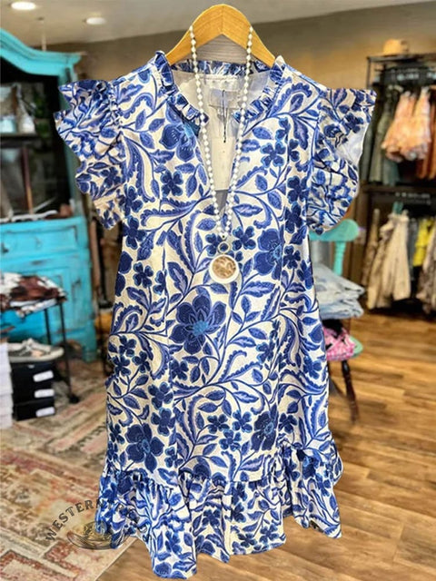Women's Blue Flower Print Cotton Dress
