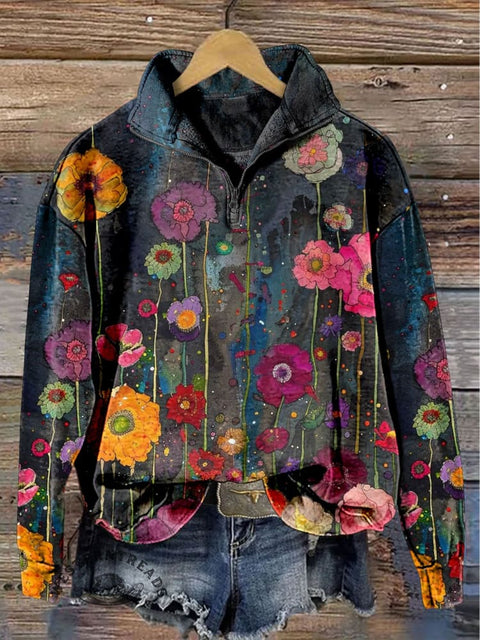 Floral Art Print Casual Long Sleeve Zip Sweatshirt