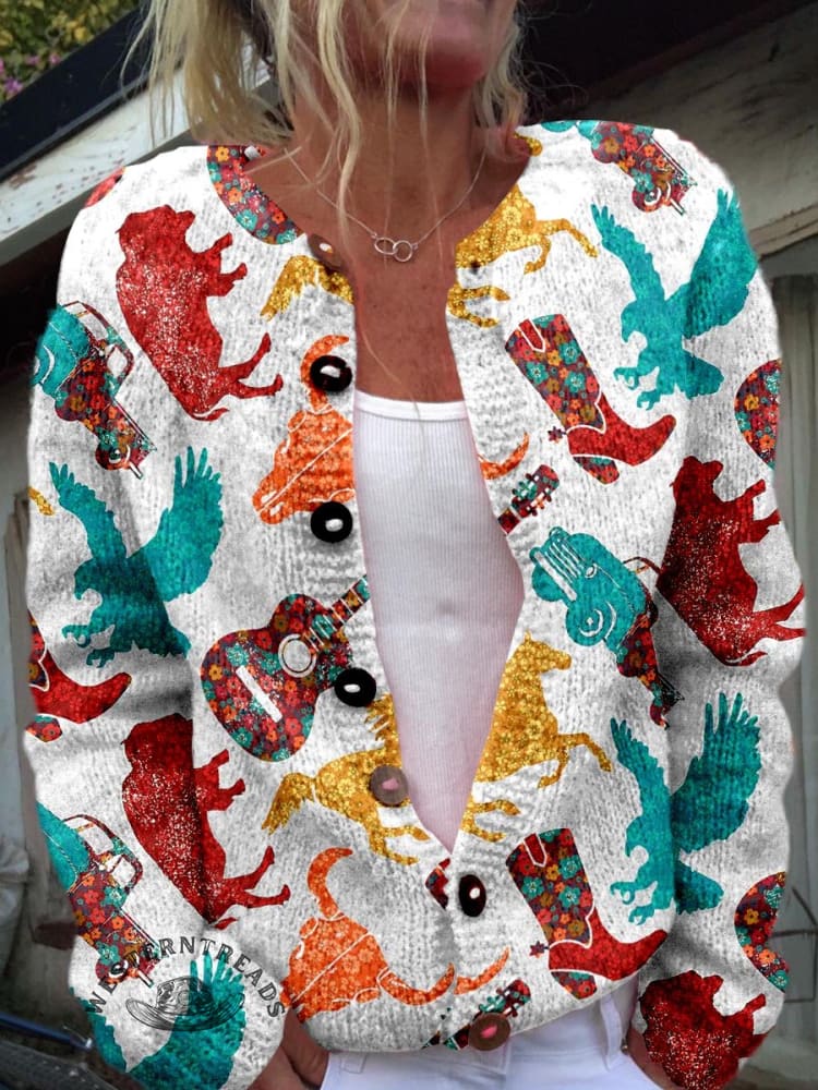 Western Silhouette Print Buttoned Cardigan Sweater