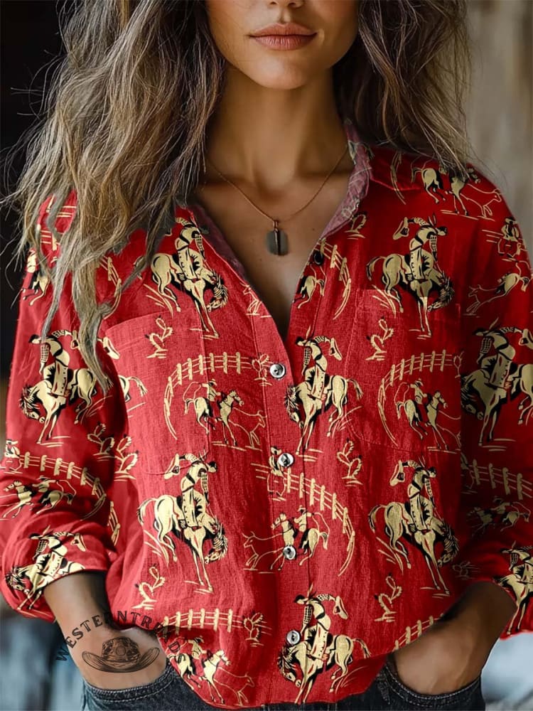 Women's Red Rodeo Print Casual Long Sleeve Comfortable Cotton Shirt