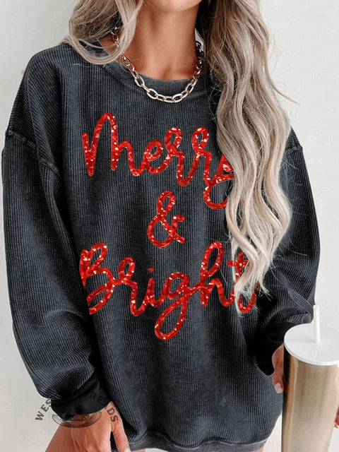Christmas Sparkly Glitter Merry and Bright  Women's Casual Print Sweatshirt