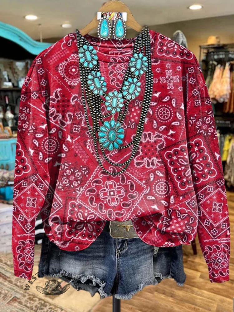 Red Perlis Print Casual Sweatshirt