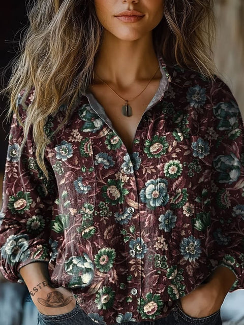 Women's Retro Flowers Print Casual Long Sleeve Comfortable Cotton Shirt