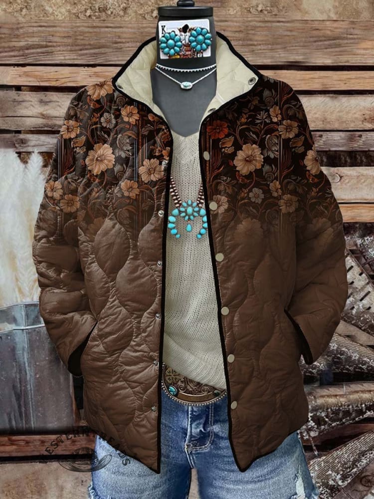 Women's Coffee Flower Casual Quilted Cardigan