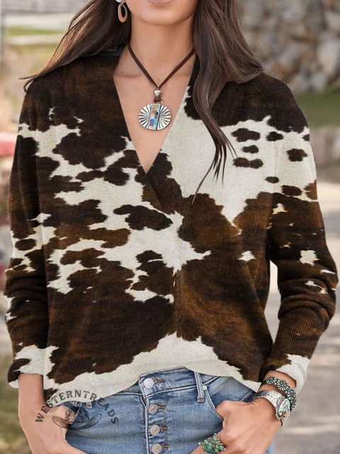 Print Knit V-neck Pullover Animal Print Sweater