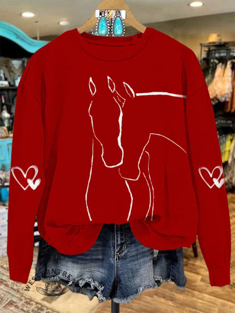 Valentine's Day Cute Horses Print Casual Sweatshirt