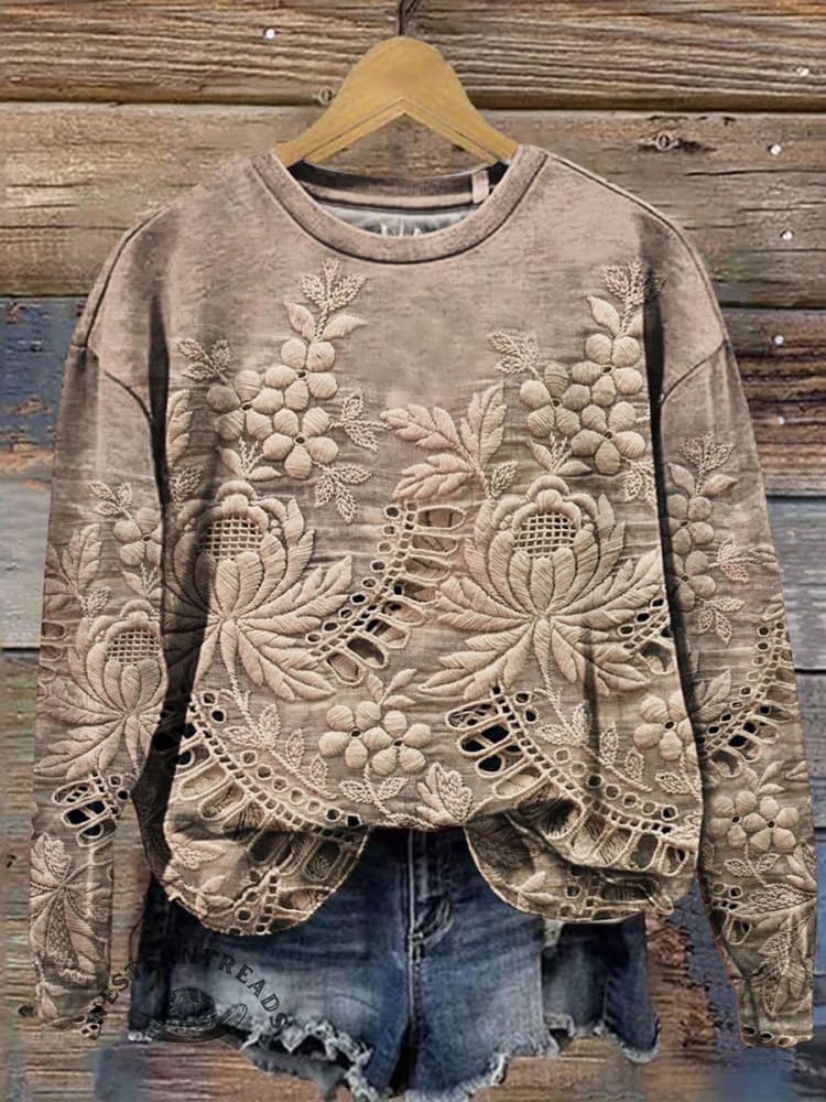 Vintage Lace Floral Print Casual Sweatshirt