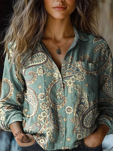 Women's Paisley Pattern Art Print Casual Long Sleeve Comfortable Cotton Shirt